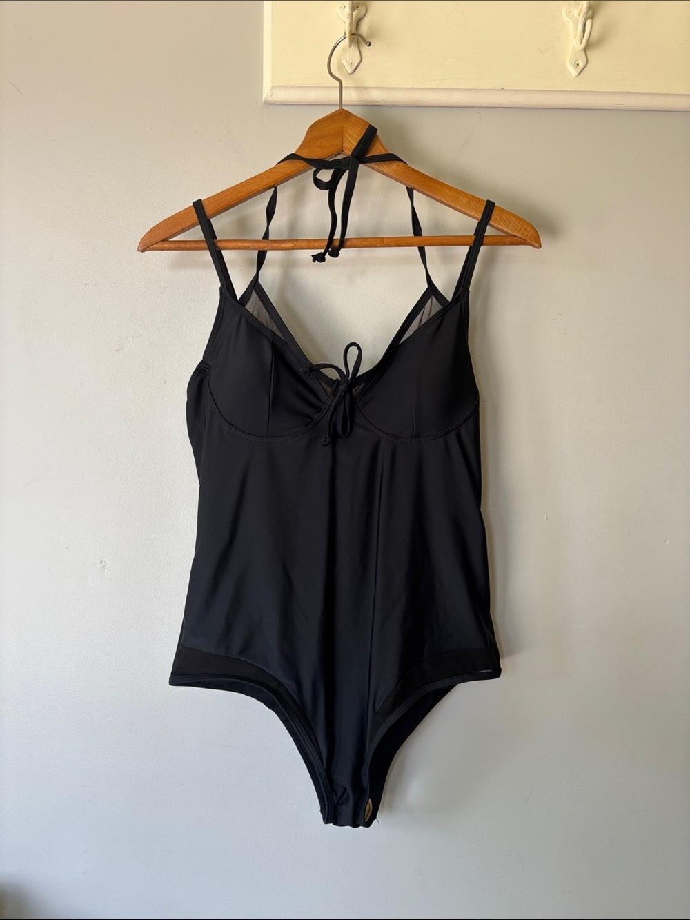Beachsissi Black Halter One Piece Swimsuit Mesh Trim Bodysuit NWT XL